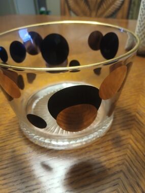 Ice bucket/ Serving Bowl With Black & Gold Polka Dots.